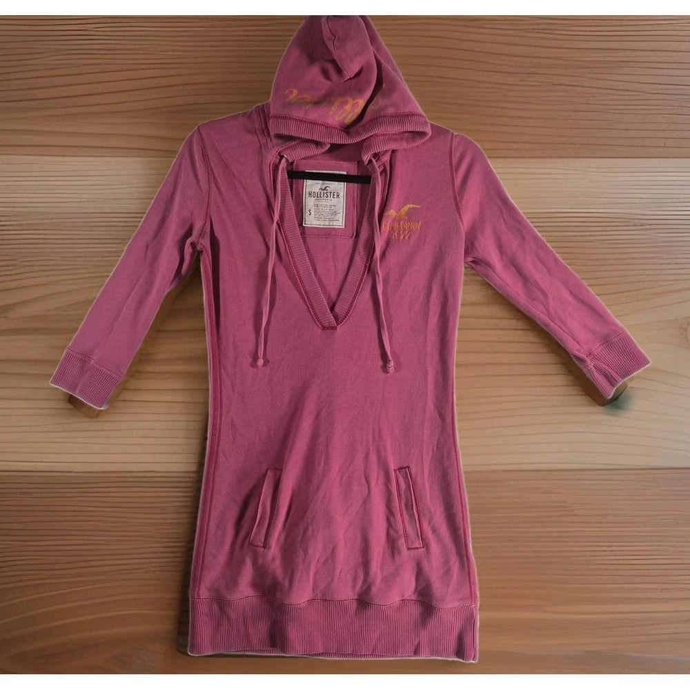 2000s Y2K Hollister Grail Pink Quarter Sleeve Low V Hooded Sweatshirt Mini Dress